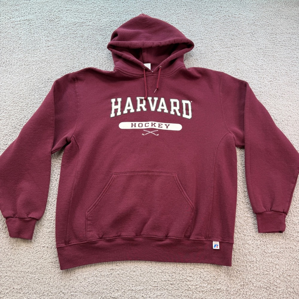 Vintage Russell Athletic Harvard Hockey Maroon Hoodie Sweatshirt Men XL